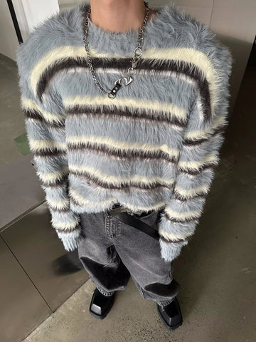 AIDASE  -  Men's Clothing Mohair Black And White Striped Design Plush Sweater Autumn And Winter Knitwear Top pullover pull homme hiver aidase-shop